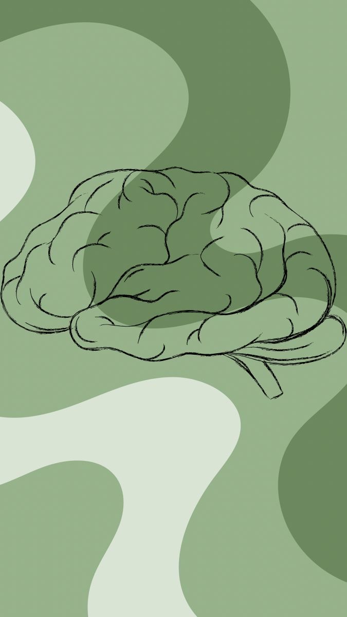 Line drawing of a brain on a calm green field